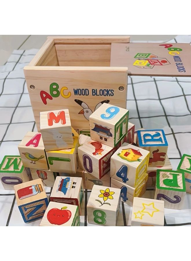 Wooden Blocks Set Early Learning Alphabet Numbers Fruits Animals Puzzle Toy - Image 1